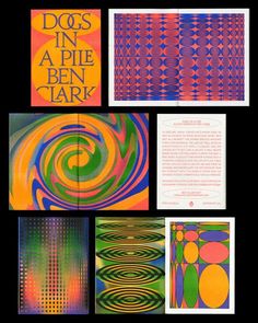 an assortment of art work with different colors and patterns on it, including the words dogs in a pie ben tark