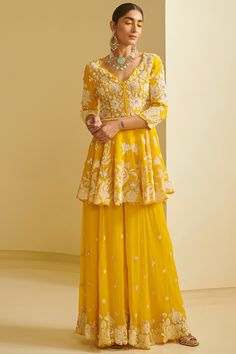 Peplum With Sharara, Yellow Sharara, Haldi Dress, Sharara Designs, Kurta Sharara Set, Function Dresses