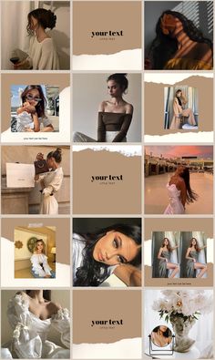 a collage of photos with different women in white dresses and brown text on them