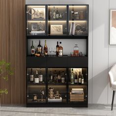 a shelf filled with bottles and glasses next to a chair