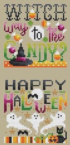 the cross stitch pattern for happy halloween is shown in two different colors, with text that reads