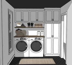 a drawing of a washer and dryer in a small laundry room with cabinets