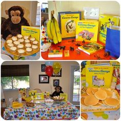 a collage of pictures with bananas, cookies and other items for a child's birthday party