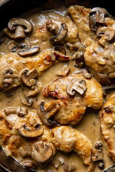 chicken with mushrooms and gravy in a skillet