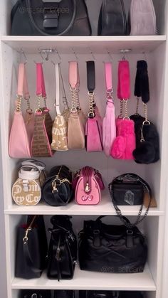 a white shelf filled with lots of purses