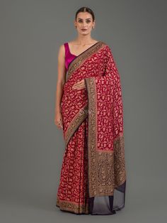 Magenta Shikargah Khaddi Georgette Handloom Banarasi Saree