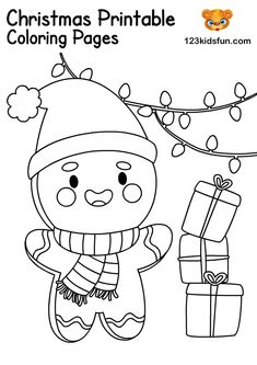 a christmas printable coloring page with a teddy bear holding a gift box and presents