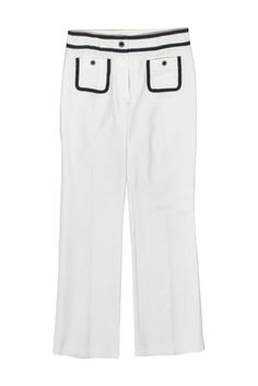 Current Boutique-Escada - White Straight Leg Trousers w/ Black Trim Sz 4 Chic Cotton Pants With Contrast Stitching, White Bottoms With Welt Pockets For Office, White Office Bottoms With Welt Pockets, Chic Spring Pants With Contrast Stitching, White Cotton Bottoms, Chic White Pants With Welt Pockets, White Cotton Bottoms For Office, Spring Workwear Bottoms With Contrast Trim, White Cotton Bottoms With Contrast Trim