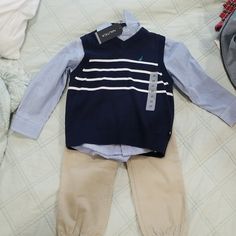 Brand New! 3piece Dress Attire For Toddler Includes Pants, Sweater Vest, And Button Down. Casual Navy Sets For Spring, Navy Casual Playwear Sets, Casual Navy Playwear Sets, Shirt And Sweater Vest, Formal Boys Outfit, White Linen Suit, One Piece Shirt, Matching Sweaters, Dress Attire