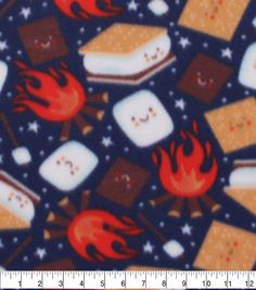 a blue background with red and white marshmallows, brownies, and hot dogs