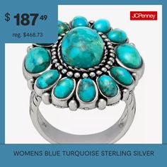 Ring Style: Cocktail RingsShape: Round, FlowerStone Cut: OvalMetal Color: WhiteBand Width: 4.5mmCare: Wipe CleanStone Type: 13 Genuine TurquoiseMetal: Sterling SilverCountry of Origin: Imported Adjustable Turquoise Ring With Stone Setting, Turquoise Ring With Stone Setting In Silver, Round Turquoise Ring With Gemstone Accents, Blue Flower Ring For Anniversary, Fine Jewelry Turquoise Ring, Oval Turquoise Ring For Anniversary, Oval Turquoise Anniversary Ring, Turquoise Anniversary Ring, Round Flower Ring With Accent Stones