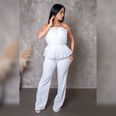 Ruffle Top Jumpsuit Back Zipper Model Is Wearing A Size Small Brand New Chic Two-piece Pantsuit For Party, Chic Fitted Pant Set For Day Out, White Casual Strapless Jumpsuit For Party, Fitted White Pants As Part Of A Matching Set, Fitted White Pants From Matching Set, White Fitted Pants Matching Set, White Sleeveless Pantsuit For Night Out, Elegant Sleeveless Set For Day Out, Chic Summer Pant Set For Party