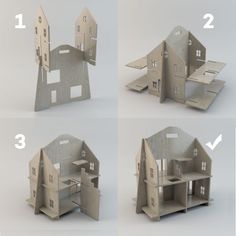 four different views of a house made out of cardboard