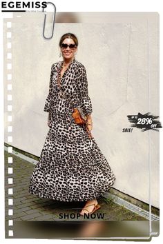 Leopard Print Dress Bohemian Style Dress Printed V-neck Maxi Dress For Day Out, Printed Maxi Dress For Spring Day Out, Bohemian Fall Vacation Dresses, Trendy Maxi Dress For Brunch, Fall Vacation Bohemian Dresses, Fall Bohemian Vacation Dresses, Chic Long-sleeved Boho Dress For Summer, Chic Boho Long Sleeve Dress For Summer, Chic Long Sleeve Boho Dress For Summer