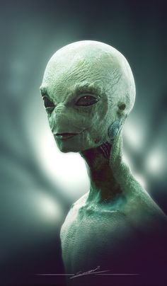 an alien is standing in the dark with his head turned to look like he's looking at something