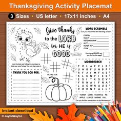 Are you ready for Thanksgiving? Our Thanksgiving printable activity placemat is sure to keep everyone entertained at this busy time! The kids and adults can have fun with this at the dinner table and it serves as a great reminder to reflect and Give Thanks to the Lord, our provider. The printable can also be a fun activity resource for school, kids church, Sunday school and home during the Fall / Thanksgiving season.  What you will receive A PDF to download and print off at home or at a print sh Thanksgiving Craft For Sunday School, Thanksgiving Sunday School Lessons, Sunday School Thanksgiving Crafts, Thanksgiving Sunday School Lesson, Thanksgiving Crafts For Church, Thanksgiving Activity Sheets, Thanksgiving Activities Preschool, Christian Thanksgiving, Activity Placemat