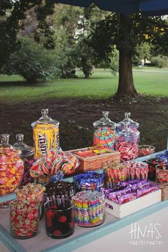 a table topped with lots of candy and candies next to a tree in the park