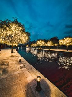 the lights on trees are reflecting in the water at night with people walking along it