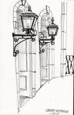 an ink drawing of two street lamps on the side of a building with wrought iron railings