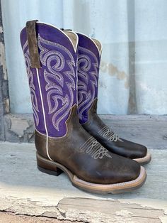 Check out this great looking pair of boots by Roper! For you purple loving cowgirl's like myself, this is a great riding/barn boot or just a nice everyday square toe boot for rocking with your favorite jeans. Square Toe  Brown Leather Vamp Removable Insole   Rubber Outsole 11” Shaft Height 1.5" Block Heel 15" Circumfer Purple Quince Boots, Purple Western Outfit, Purple Cowgirl Boots, Purple Cowboy Boots, Square Toe Cowgirl Boots, Dream Quinceanera, Quince Planning, Western Footwear, Barn Boots