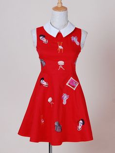 childhood memories embroidery dress Sleeveless Cotton Dress With Cartoon Print, Bright Academia, Twee Fashion, Red A Line Dress, Dapper Day, Patterned Dress, Super Cute Dresses, Cartoon Icons, Fashion People