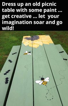 painted wooden bench with bees and sunflowers on it