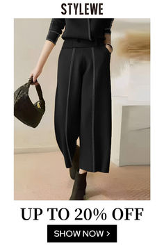 Black Straight Pants With Patch Pockets, Chic Workwear Bottoms With Contrast Stitching, Black Wide Leg Pants With Patch Pockets, Black Wide-leg Pants With Patch Pockets, Spring Wide-leg Bottoms With Contrast Stitching, Black Workwear Bottoms With Patch Pockets, Black Pants With Hip Pockets For Spring, Trendy Black Bottoms With Patch Pockets, Black Bottoms With Patch Pockets For Fall