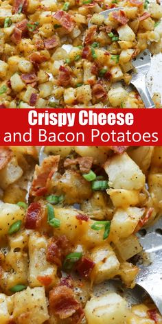 crispy cheese and bacon potatoes recipe is shown in two separate pans with spoons