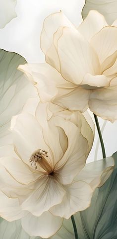 two large white flowers with green leaves in the foreground and a light blue sky in the background