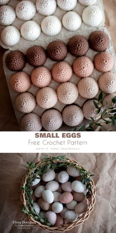 small eggs are in a basket next to each other on the table, and one is made out of crochet balls