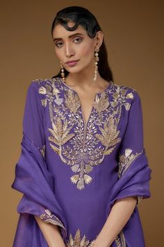 Purple back cut-out kurta with zari embroidery in forest, floral pattern. Paired with a sharara and dupatta with zari embroidery. - Aza Fashions Payal Singhal, Sharara Set, Half Sleeves, Aza Fashion, Fashion Set, Round Neck, Cut Out, Floral Pattern, Embroidery