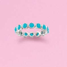 Ross-Simons - Turquoise Eternity Band Ring in Sterling Silver. Size 7. Add color to your stack! This eternity band wraps the finger with 3mm stabilized turquoise cabochons in polished sterling silver. 3/16" wide. Stabilized turquoise eternity band. Stackable Turquoise Round Jewelry, Blue Turquoise Stackable Round Ring, Stackable Round Turquoise Ring In Blue, Adjustable Stackable Turquoise Ring, Adjustable Turquoise Gemstone Stackable Rings, Colorful Ring, Eternity Band Ring, Color Ring, Eternity Band