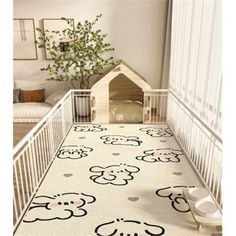 a baby's room with teddy bears on the carpet and a dog house in the corner