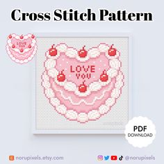 cross stitch pattern with the words love you and cherries on it, in pink