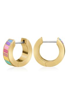 Easy-to-wear hoop earrings will add significant polish to even your most casual ensembles. 1/2" drop Hinge with snap-post closure Goldtone plate/enamel Imported Gold Enamel Huggie Earrings, Modern Enamel Hoop Earrings, Hoop Huggie Earrings In Enamel, Multicolor Enamel Hoop Earrings, Multicolor Modern Small Hoop Earrings, Modern Multicolor Small Hoop Earrings, Fall Bathroom Decor, Concert Looks, Flip Flop Slippers