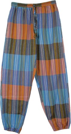 Light and fun, nice and breezy harem pants for hot summer days, yard selling, flea market shopping, music concerts to summer festival these pants are a good fit anywhere. They features an elastic waistband and elastic at the ankles with a flexible drawstring and two deep side pockets on either side. The pockets are lined with striped gray and black printed fabric. Length: 38", inseam 28" ; Waist: 28"- 36" ; Material: 100% Cotton Casual Blue Harem Pants For Summer, Casual Multicolor Harem Pants For Vacation, Casual Multicolor Harem Pants For Beach, Casual Multicolor Harem Pants For Summer, Multicolor Harem Pants For Spring Vacation, Casual Multicolor Harem Pants For Spring, Multicolor Cotton Pants For Summer, Multicolor Hippie Bottoms For Summer, Summer Multicolor Cotton Pants