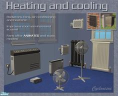 an advertisement for heating and cooling in a room with blue carpet, windows, radiator, heater and other items