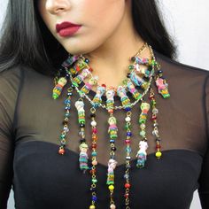 Hand-Crafted Bead Necklace. Made In Mexico Premium Glass Beads Unique Style Statement Piece Beaded Dangle Necklaces For Party, Multicolor Beaded Necklace With Dangling Beads For Party, Multicolor Necklaces With Bead Caps For Party, Unique Beaded Necklaces With Dangling Beads For Party, Whimsical Beaded Necklaces For Party, Whimsical Multicolor Beaded Jewelry, Whimsical Party Beaded Necklaces, Bohemian Bead Caps Necklace For Party, Jewelry Mexican