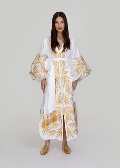 Luxurious White/Gold Kolossya Women's Midi Caftan Yuliya Magdych White Dress Boho, Ukraine Clothing, Embroidered White Dress, Linen Flower, Abaya Collection, Embroidered Caftan, Ukrainian Dress, Cotton Caftan, White Boho Dress