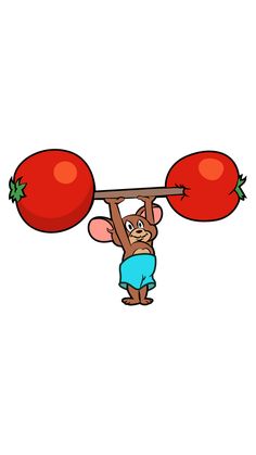 a cartoon mouse is holding two large tomatoes on his back and lifting it over his head