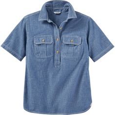 Medium Wash Cotton Short Sleeve Top, Casual Everyday Chambray Tops, Casual Unstructured Medium Wash Top, Casual Medium Wash Cotton Top, Relaxed Fit Medium Wash Cotton Tops, Medium Wash Cotton Tops With Pockets, Medium Wash Cotton Tops For Everyday, Casual Chambray Tops With Relaxed Fit, Medium Wash Short Sleeve Tops With Pockets