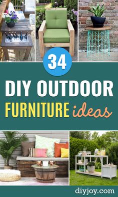 outdoor furniture made out of pallets and wood with text overlay that reads 34 diy outdoor furniture