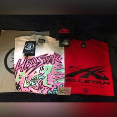 Hellstar Tee Set Hellstar Shirt Size Xl Hellstar Shirt Size Xl Both New With Tags And Bags Jordan Keychain + Nike Mini Bag Same Day Shipping Pink Branded T-shirt For Streetwear, Pink Graphic Design Shirt For Streetwear, Pink Graffiti Print Top For Streetwear, Pink Branding T-shirt For Streetwear, Jordan Keychain, Slim Fit Hoodie, Nike Crewneck Sweatshirt, H&m Hoodie, Long Sleeve Activewear