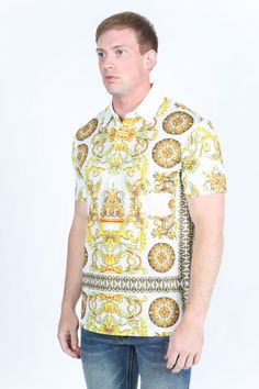 SIZE CHART Measurements: Model is wearing size Medium. Fabric: Cotton/ Spandex Fit: Modern Fit Description: Make a statement with our Men's Modern Fit Stretch Baroque Print Polo, adorned with dazzling rhinestones for added flair. Crafted with a modern fit and stretch fabric, this polo combines style and comfort effortlessly. Details & Features: Modern fit design for a sleek silhouette Eye-catching baroque print with intricate details Embellished with rhinestones for a touch of sophistication Str Blazer And T Shirt, Baroque Print, Vest Blazer, Rhinestone Embellishments, Kids Outerwear, Kids Pants, Blazers For Men, Mens Outerwear, New Instagram