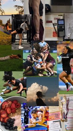 a collage of photos with people and sports equipment