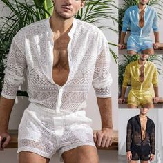 Mens Aztec Shirt and Short Set See Through Wear Lace Long - Etsy Nice Shirts, Aztec Shirt, Summer Sportswear, Lace Suit, Casual Shorts Men, Suit Men, Casual Long Sleeve Shirts, Lace Outfit, Man Fashion