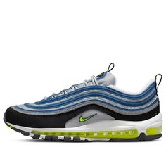 The Nike Air Max 97 OG 'Atlantic Blue' is a modern take on a classic silhouette. Featuring a black upper with wave-like Atlantic Blue and reflective stripes, the Voltage Yellow Air Max cushioning system and Nike Swoosh add a bold pop of color. Perfect for everyday wear, this sneaker celebrates the 35th anniversary of Air Max and 25th anniversary of Air Max 97. With a rubber sole for maximum comfort and durability, this sneaker is sure to make a statement. (SNKR/Retro/Men's/Casual/Low Top) Casual Running Sneakers With Reflective Logo, Casual Sneakers With Reflective Logo For Sports, Classic Blue Sneakers For Outdoor, Classic Blue Outdoor Sneakers, Blue Casual Sneakers With Reflective Details, Blue Reflective Sports Sneakers, Blue Classic Breathable Sneakers, Sporty Striped Sneakers For Streetwear, Kicks Shoes