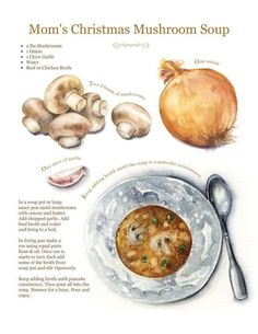 a recipe book with mushrooms and other foods on it's cover, including soup