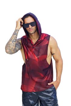 Be prepared to party like hell and have a devilishly good time in the Diablo Hoodie Tank. This mens festival top is great for warm weather summer outfits and mens rave outfits. FEATURES: Hood with drawstring Henley style button down collar Relaxed fit with low arm holes Shiny metallic red geometric printed spandex on the hood and body as well as panels of glittery red spandex on the back and shoulders Limited edition fabric, once it sells out it's gone forever Ethically made & 100% carbon neutra Hooded Summer Beach Tops, Hooded Beach Tops For Summer, Alternative Style Red Tops For Summer, Alternative Style Red Summer Tops, Alternative Red Summer Tops, Summer Hoodie With Drawstring Hood, Mens Festival Outfits, Mens Rave Outfits, Festival Outfits Men