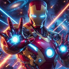 an iron man with glowing hands in front of stars